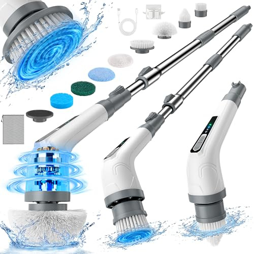 VaxBree Electric Spin Scrubber, Cordless Bathroom Cleaning Brush for Home, 420PRM Shower Scrubber with 8 Replaceable Head, 3 Speeds, Adjustable Long Handle for Bathroom, Bathtub, Car, Kitchens- Grey