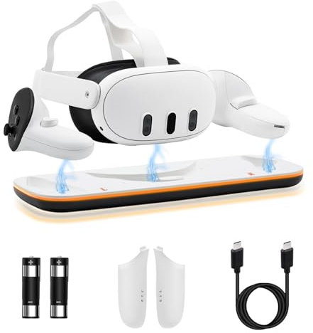 Mcbazel Station de Chargement VR pour Quest 3/3S, Charge Rapide avec Lumière LED pour Quest 3/3S Socle de Charge avec 2 Batteries Rechargeables de 600 mAh, Câble de Dhargement Type-C - Blanc