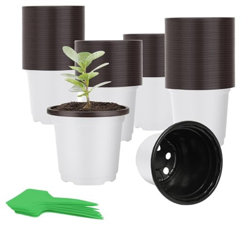 AXKIIN 100 Stück Anzuchttöpfe 12cm Pflanztöpfe Kunststoff Rund Blumentopf Plastik Innen Außenbereich Anzuchttopf Weiß Untertopf mit 100 Stück Pflanzenschilder