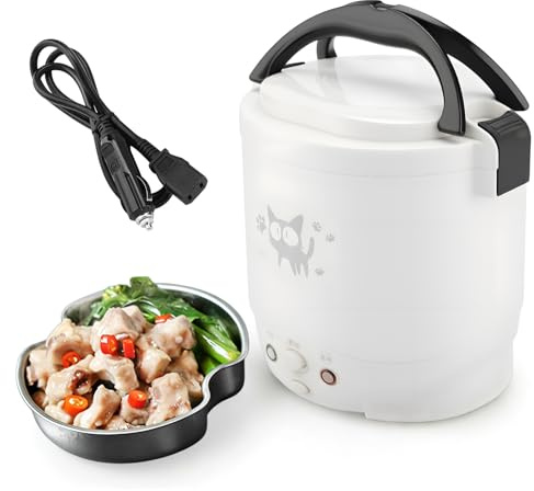 WGFOIP Olla Arrocera Portátil 12V 100W 1L, Vaporera Eléctrica Multifuncional, Cocción Rápida para Viajes, Acampadas y Autocoche (Blanco)