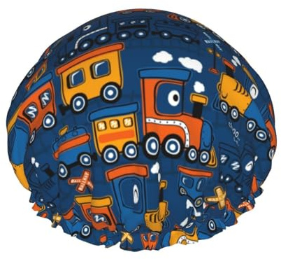 Hair Cap for Shower - Funny Steam Train Double Layer Shower Cap Reusable, Large Shower Cap for Women, Hair Cap for Shower with Peva Lining and Elastic Rope