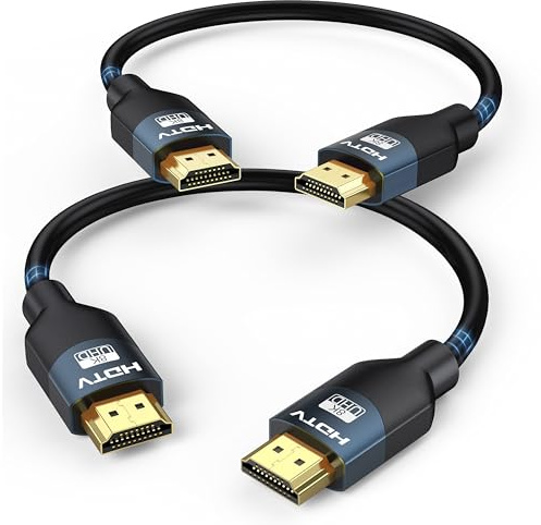 8K HDMI 2.1 Cable 0.5FT 2-Pack, Ultra High Speed 48Gbps HDMI Braided Cord, Support HDR10+, eARC, SBTM, QMS, CEC, HDCP 2.3 for TV, Monitor, PC, Laptop, HDMI Switch, HDMI Splitter, KVM, Projector