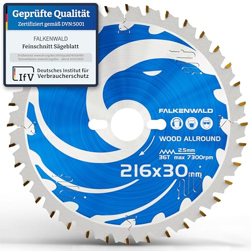 FALKENWALD® Kreissägeblatt 216x30 mm ideal für Holz Grob & Fein - Sägeblatt 216 x 30 für schnelle und feine Schnitte - Kompatibel mit Makita, Metabo & und Bosch - Kreissägeblatt 216 x 30