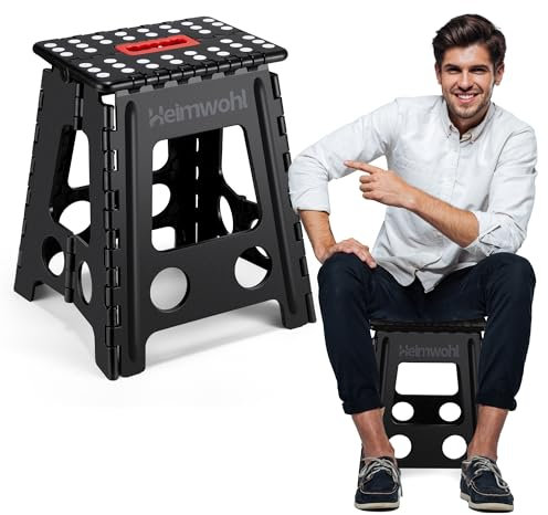 Heimwohl Folding Step Stool for Adults 16 Inch, 2025 Foldable Stool with Safety Lock & Rotating Handle, Non-Slip Foldable Step with 150kg Capacity, Ideal for Home, Kitchen, Outdoor-Black