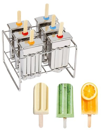 Lot de 6 moules à glace en acier inoxydable avec support réutilisables en métal avec 50 bâtonnets (argenté, 4)