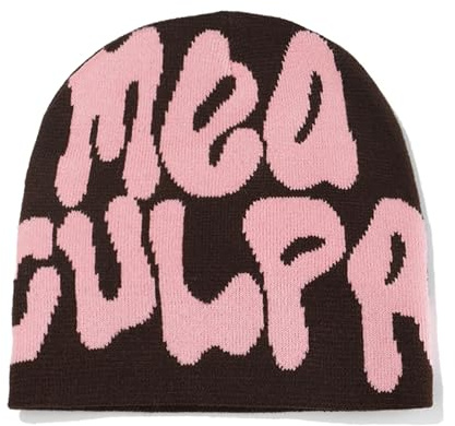 Watreketal MEA Culpa Beanie-Mütze, Buchstaben-Druck, MEA Y2K Beanies, Totenkopfmütze, Strickmütze für Damen und Herren, Strickmütze für Unisex, Kaffeebraun, 3