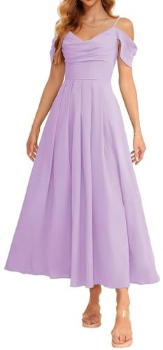 HPPEE Vestido de dama de honor con hombros descubiertos para mujer, vestido formal de verano para invitados de boda, Lila, 34