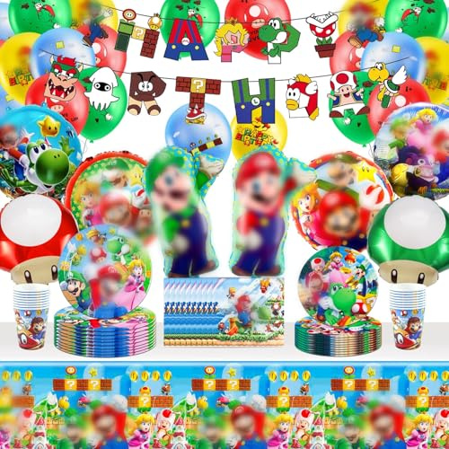 Geburtstagsdeko Partygeschirr Set - 80 Stück Pappteller Kindergeburtstag Cartoon Partygeschirr, Party Tableware Supplies Kit mit Banner Luftballons Tortendeko Servietten Teller für Kinder