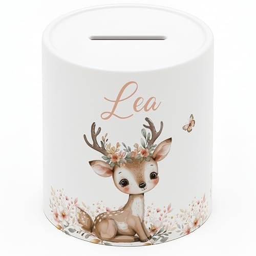 Personalisierte Spardose Kinder mit Namen – Keramik Sparschwein als Taufgeschenk, Geburtstagsgeschenk & Einschulungsgeschenk – Spardose Mädchen & Jungen, Geschenke zur Taufe - REH-Boho (8x9,5 cm)