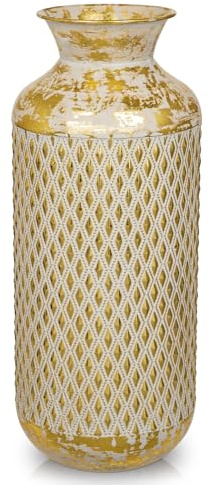 Blumenvase, 40 cm Hohe Rustikale Goldene Metallvase Dekovase mit Weiße Muster für Blumengesteck, Trockenblumen, Esstisch, Büro Dekoration
