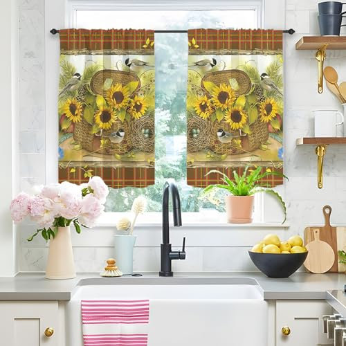 Highdi Retrò Tende Cucina con Sacchetto, 2 Pezzi Tendine Cucina Tendina Sottolavello con Semplice Motivi, Tende per Finestre Piccole per Soggiorno, Casa in Stile Rustico (Cesto di fiori,W80xL100cm)