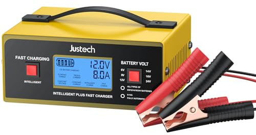 Justech Cargador de Baterias Coche y Moto 6/8/12/14/16/24V,0-10A,Cargador de Batería de Plomo-Ácido Inteligente con Pantalla LCD para AGM,Gel,SLA