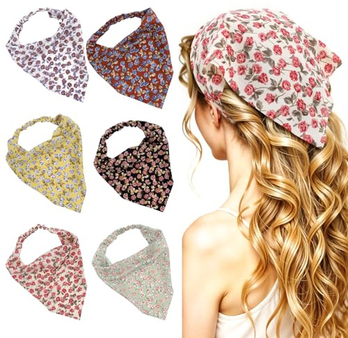 6 Stück Kopftuch Mädchen Sommer, Niedliche Blumen Kopftücher, Elastische Dreieck Kopftücher, Chiffon Bandanas Damen, Boho Stirnbänder für Frauen und Mädchen Lauf Yoga Strand Outdoor (6 Styles)