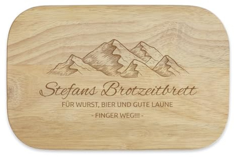 Personalisiertes Frühstücksbrettchen Brotzeit Motiv, Ihr Text mit Laser in Gummibaum Hartholz eingebrannt, 23x15cm, Schneidebrett mit Gravur