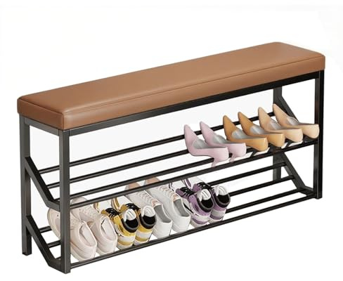 Elegante taburete estrecho para cambiar zapatos, estante de almacenamiento de 2 niveles con cojín de piel sintética y marco de metal, perfecto para pasillo y sala de estar (negro, 60 x 20 cm)