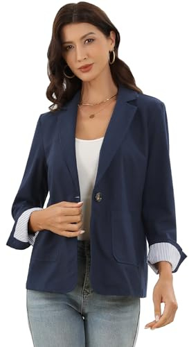 Allegra K Blazers en Coton et Lin pour Femmes Style Business Casual Veste de Travail à Un Bouton Tailleur de Bureau Bleu Marin M