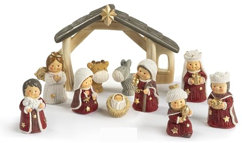 PABEN Statuine Presepe in Resina, Set Natività Completo con 10 Personaggi e Capanna, Stile Bambini Spiritoso, 13,2 x 9,7 cm, Altezza Personaggi 5,3 cm