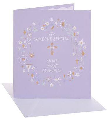 UK Greetings | Communion Card for Girl | Congratulations Card | Her, Girls, Women | Wreath with Cross Design | With Envelope | 15.9 x 18.4 cm
