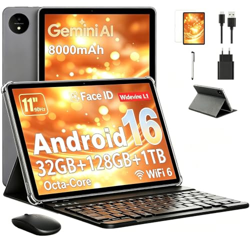 Tablet 11 Pulgadas en Gemini AI, Tableta Android 16 en Funda, Teclado & Ratón, Octa-Core, 32 GB RAM + 128 GB ROM + 1 TB TF, 1920x1200 Pantalla HD, 90 Hz, Cámara Doble 8MP + 16MP, 8000 mAh (Gris)