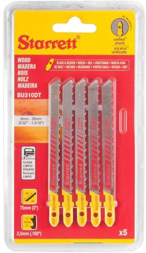 Starrett, Blíster de 5 Hojas de sierra de calar Bimetal Unique, Especial Madera, color amarillo, 75 mm - 4D - BU36T-5