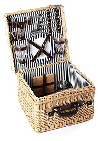 Greenfield Collection (GG033) Deluxe Clarendon Picknickkorb für 2 Personen, Weide, Futter in Mitternachtsblau-Weiß gestreift
