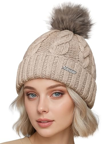 Neverless® Damen Strickmütze mit Fleecefutter und Kunstfell Bommel Zopfmuster Grobstrick Wintermütze Bommelmütze Model 2207