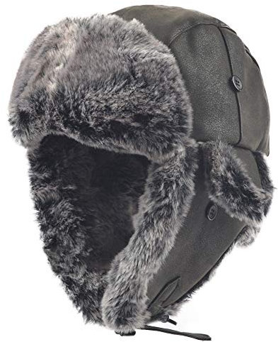 Russische Uschanka Kosak Trooper Trapper Fliegermütze Bombermütze Pelz gefüttert Earflap Wintermütze mit Kinnriemen - Schwarz - MEDIUM