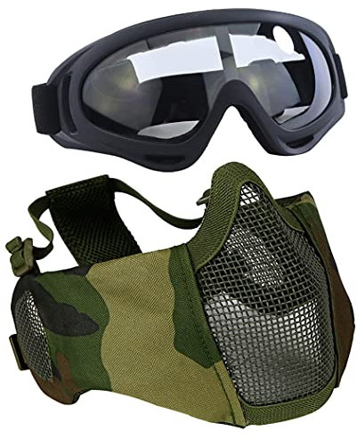 AOUTACC Airsoft Protective Gear Set, Half Face Mesh Masks with Ear Protection and Goggles Set for CS/Hunting/Paintball/Shooting (Camo)