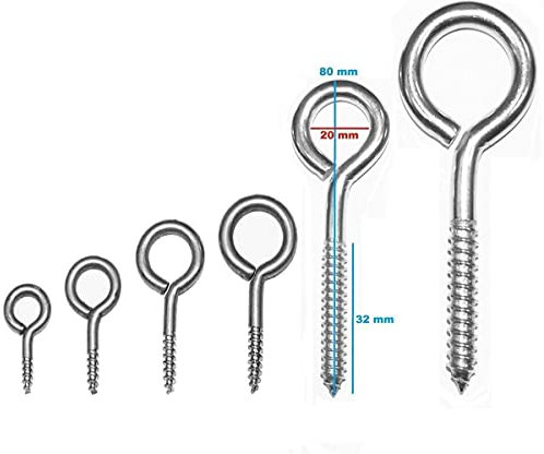 Boulon à œil Oeillets à vis Boulons à crochet en acier galvanisé - Crochets à vis robustes en 6 tailles différentes (80mm 15 pièces)