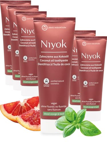 Niyok Zahncreme Blutorange & Basilikum 6 x 75 ml | Fluoridfreie Zahnpasta mit Bio-Kokosöl, Xylit und Kreide in drei natürlichen Geschmacksrichtungen für ein frisches Mundgefühl