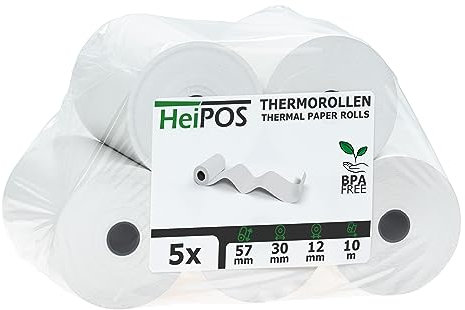 HeiPOS - 5 Kassenrollen Thermorollen - 57 mm x 10 m x 12 mm - 55 g/m² Papier - Für EC-Cash, Kreditkarten Kassensysteme und mehr