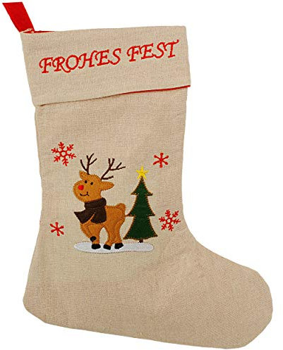 alles-meine.de GmbH 3 Stück XL - Weihnachtssocken & Weihnachtsstrümpfe - Frohes Fest - lustiger Elch/Rentier - 38 cm - rot - zum Aufhängen - Nikolausstiefel - Nikolausstrümpf..