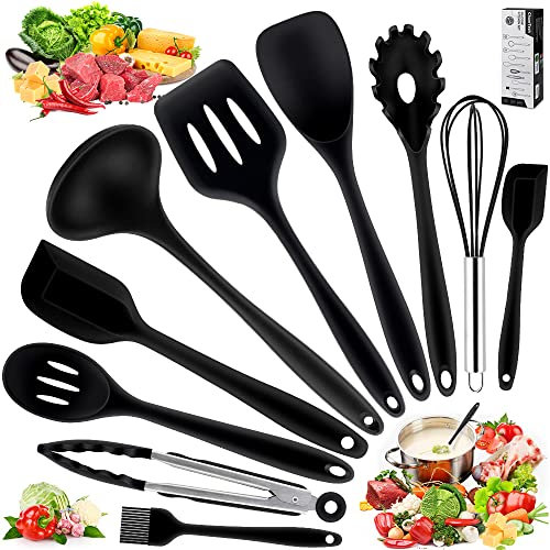 Utensilios de Cocina de Silicona, Herramientas Antiadherentes para Hornear Resistentes al Calor -10 Juegos - Negro (Cucharas de Cocina,Cucharas de Drenaje,Espátulas,Pinza,Cuchara para Espaguetis)