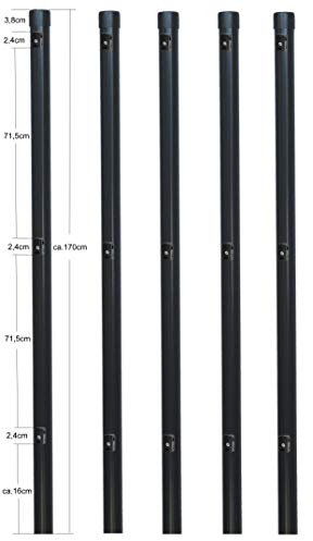 5 Stück Zaunpfosten Ø 34 mm Zaunpfahl 1700mm lang als Pfosten für 1,5m hohen Metallzaun aus Maschendraht in grau anthrazit RAL 7016. Zaunpfahl mit 3 Halter für Spanndraht und Pfosten Kappe.