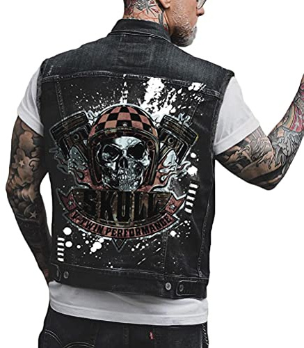 ORANDESIGNE Homme Gilet en Jean Veste Courte Sans Manches en Jean Vintage Délavé Décontractée Manteau Punk Impression de Graffitis Gilet Denim Veste de Moto