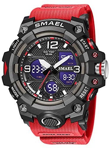SMAEL Montre Numerique Homme Etanche Waterproof Digital Militaire Montres avec LED Lumière Alarme Et Calendrier Date Course À Pied Homme Montre Bracelet,Rouge