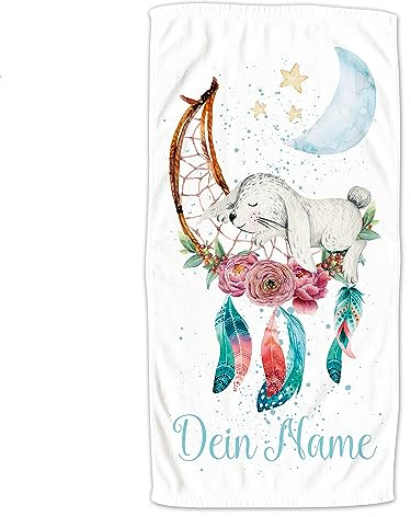 GRAZDesign Kinder Handtuch mit Namen, Hase auf Traumfänger, Badetuch für Mädchen von 2-10 Jahren Strand / 140x70cm