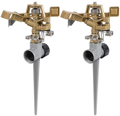 Biswing 2 Pack Impact Sprinklers with Stand (Spike), Heavy Duty Zinc Alloy Lawn Sprinkler Head on Spike Base, Adjustable Watering Sprinkler for Large Area Grass Yards Patio Garden Irrigation