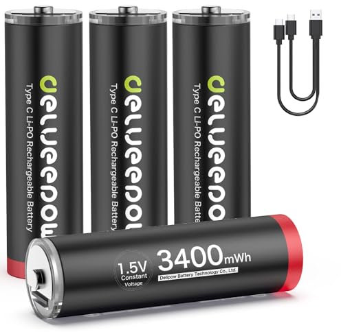 Delyeepow 1.5V USB-C Batterie AA ricaricabili 3400mWh, Pile Ricaricabili AA Litio 1500 Cicli con Cavo USB-C, 4 pezzi