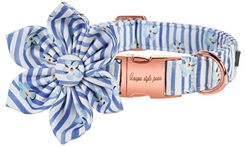 Unique style paws Hundehalsband mit Blume Blauer Streifen &Blume Welpenhalsband Bequemes Weiches Fliege Hundehalsband Kleine Mittlere Große Hunde-XS