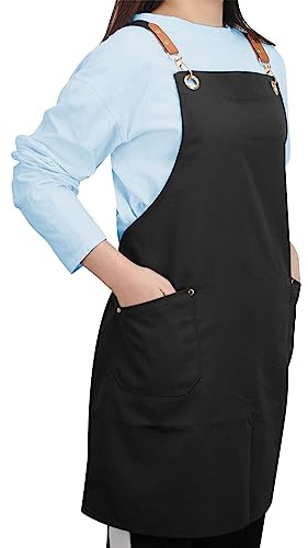 YIUJEFDA Schwarze Kreuz-Rückenschürze für Damen und Herren, verstellbare lange Träger, große Taschen, Segeltuch, wasserdichte Schürze für Koch, Küche, Kochbesteck, Schwarz, X-Large