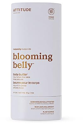 ATTITUDE Barre de Beurre Corporel Grossesse, peau sèche et étirée, certifiée EWG, sans plastique, soins maternité véganes, Rose & Huile d’Argan, 85 g