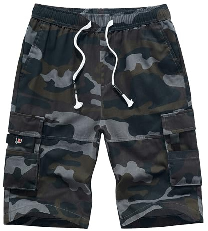 APTRO Mens Shorts Cargo Shorts Combat Work Summer Cotton Casual Multi Pocket Knee Length Elastic Shorts 901 Camo Black M
