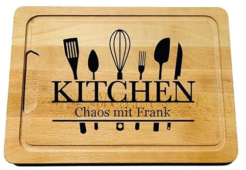 Personalisiertes Schneidebrett mit Saftrille aus Buchenholz mit Gravur, versch. Motive und Name, als Geschenk für die Küchenfee, den Hobbykoch, Küchenchef, ca. 40 cm x 28 cm (Motiv 7)