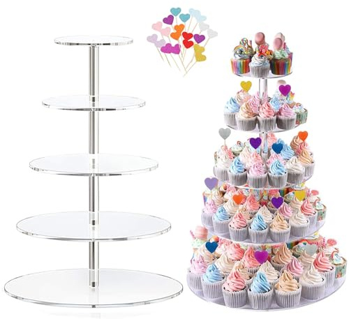 5 Tier Round Large Acrylic Cupcake Stand with 20 Cake Plugin,Clear Glass Dessert Stand,Acrylic Display Stands Cupcake Tower Pastry Tower for Wedding, Birthday,Bar Parties