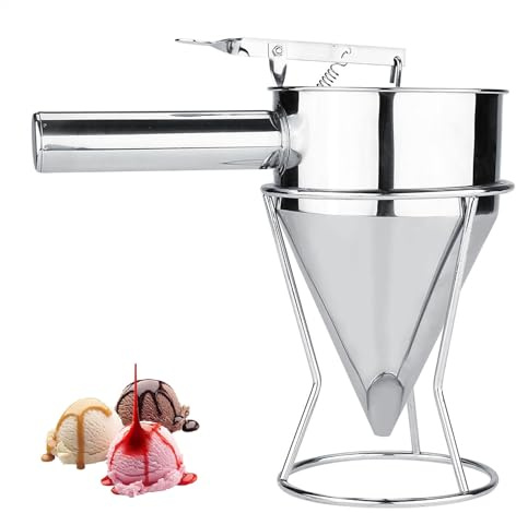 Nikou Stainless Steel Baking Piston Funnel, Pancake Batter Dispenser with Rack Funnel Cake Desserts Maker No Spilling Cooking Tools for Home Kitchen Bakery