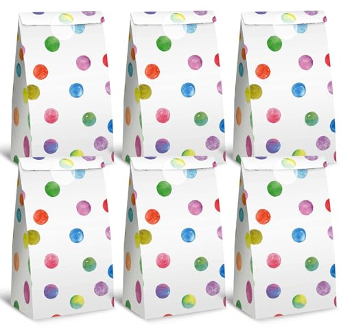 Koogel 24 Stück Papiertüten, Geschenktüten Kindergeburtstage Süßigkeiten Tüten Geschenktüten mit Aufkleber Regenbogen Punkte für Geburtstag Hochzeit Party