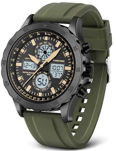 Reloj Deportivo Militar Para Hombre - Analógico Digital, Impermeable, Acero Inoxidable Con Alarma, Cronómetro, LED, Hora, Timbre - Multifunción (Marrón-Verde)