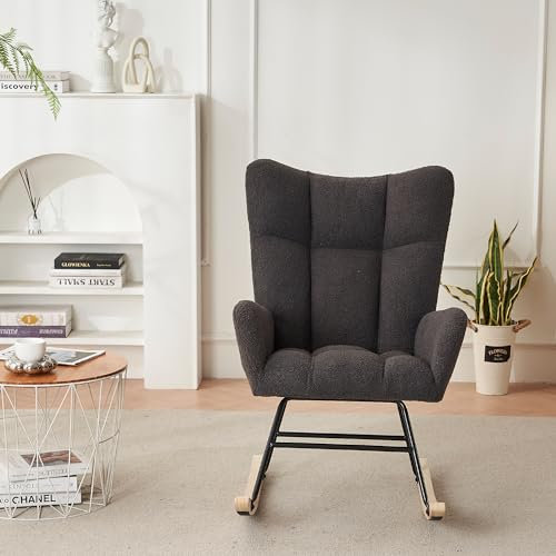 Moderner, einfacher Schaukelstuhl, mit Armlehnen und Rückenlehne, multifunktionaler Lesestuhl und Stillstuhl, verbreiterte Beine aus Massivholz, Schlafzimmer, Terrasse(Color:Grau)