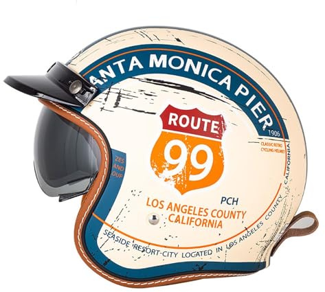 Retro Motorrad Motorradhelm, Motorrad Jethelm 3/4 mit Visier, ECE-Zertifiziert für Herren und Damen - Ideal für Moped, Mofa, Scooter und Roller, Halbschalenhelm